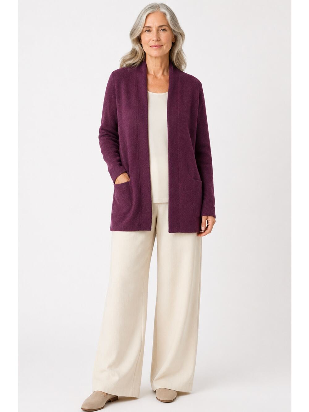 Eileen Fisher Lightweight Boiled Wool High Collar Plum Cardigan